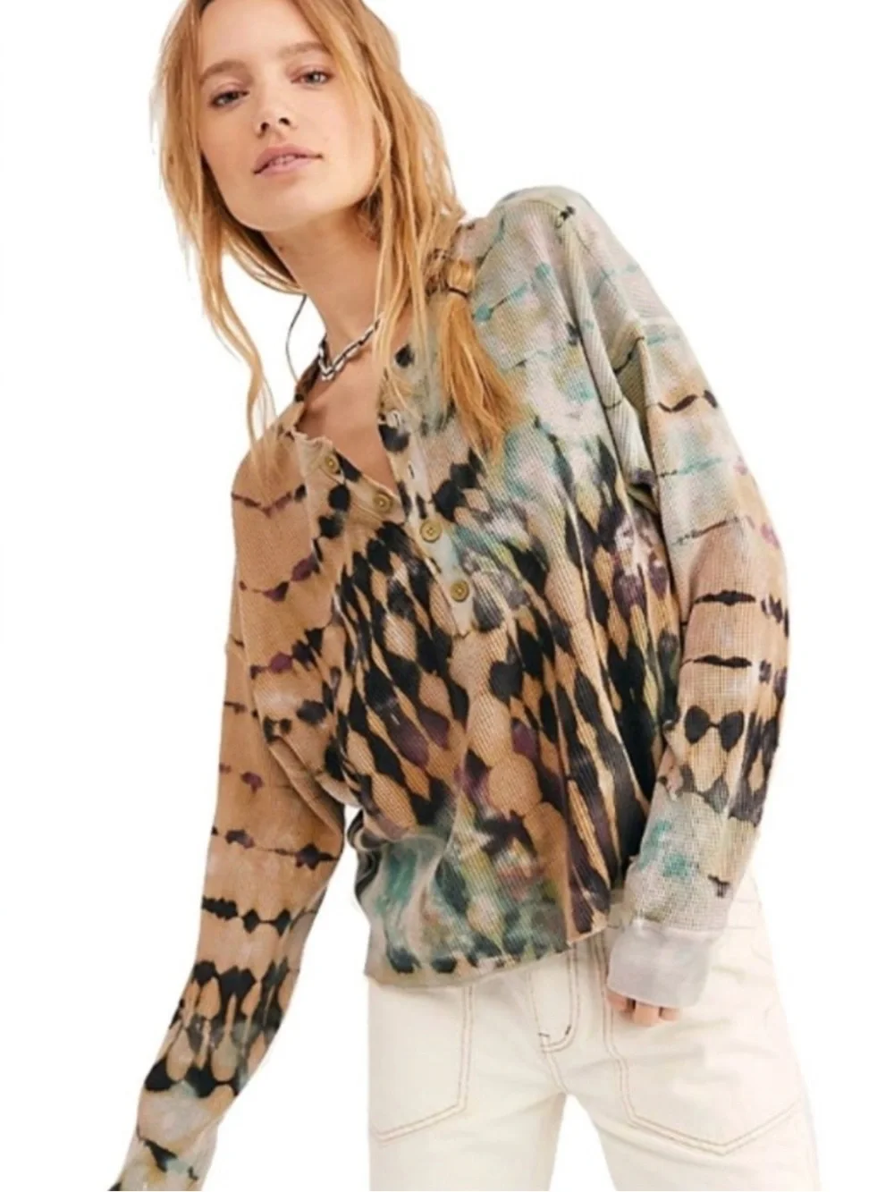 Free people Tie-Dye Waffle Henley Top in Multi-Color